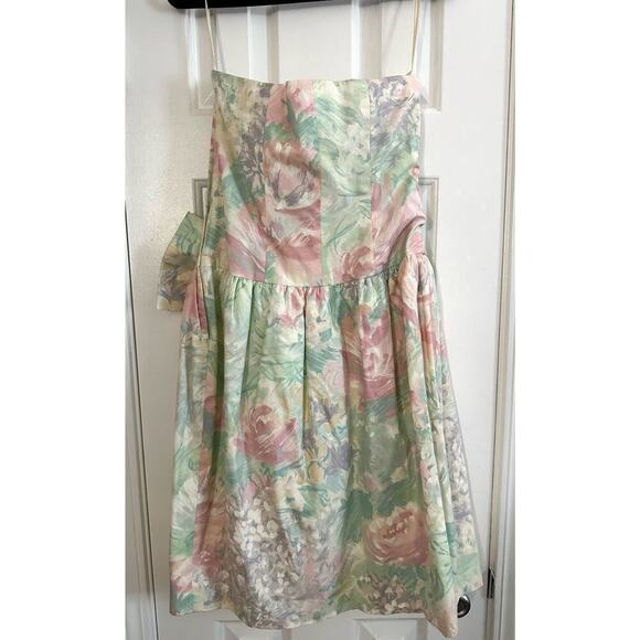 S.G. GILBERT Vintage 80s 90s Pastel Chintz Floral Strapless Bow Prom Dress - Picture 5 of 7